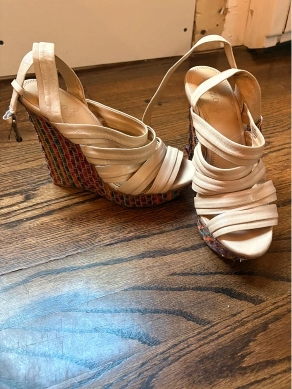Enzo Angiolini Nude Leather Woven Wedge Sandals Ankle Strap Size 6.5